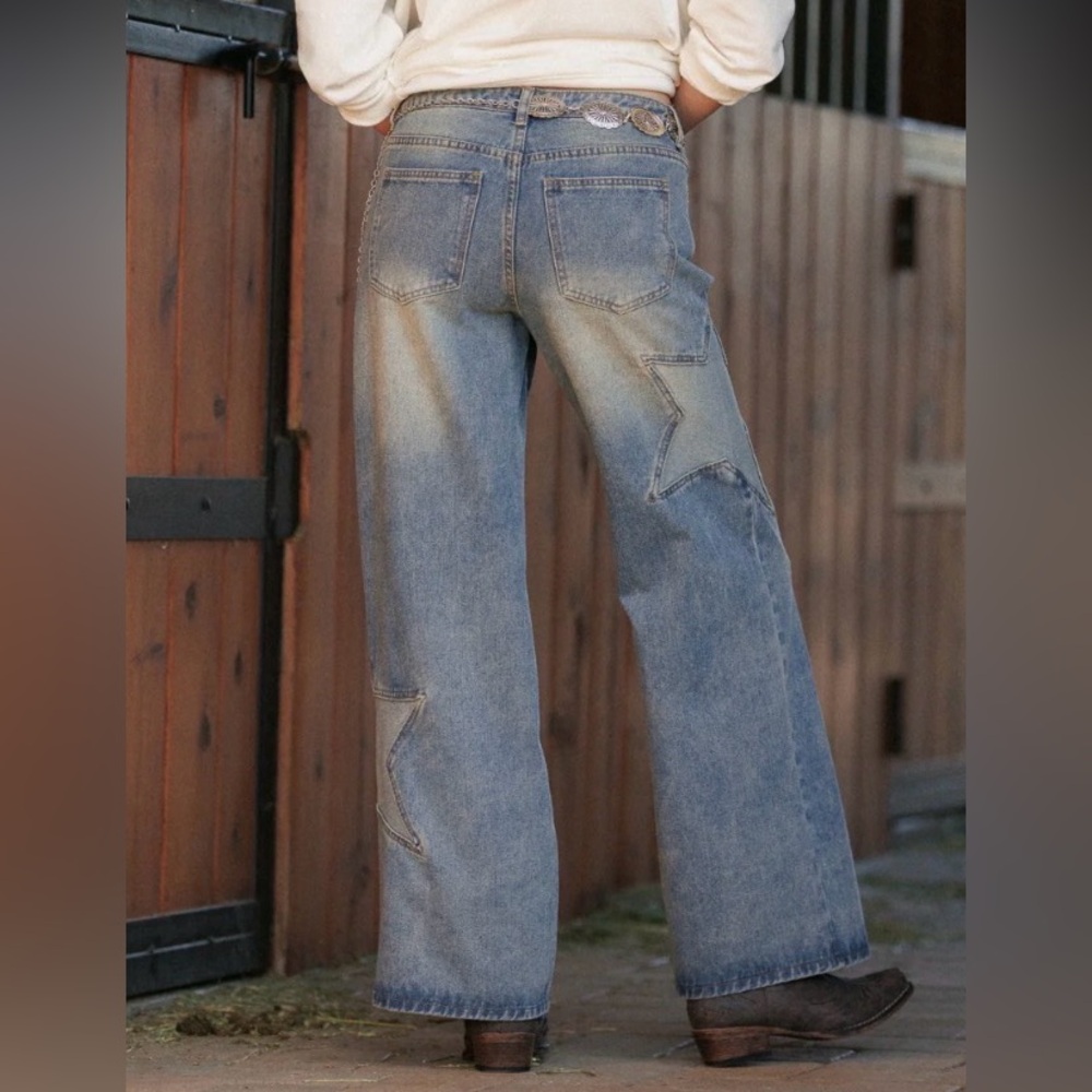 New Cali 1850 star patched low rise baggy blue jeans Sz 11 denim 30 tinted wash - Picture 3 of 16